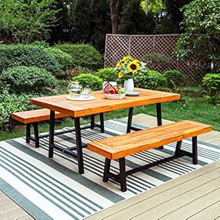 Sophia & William 3 Pieces Acacia Wood Patio Dining Set with 1 Rectangular Table and 2 Benches, Outdoor Oil Finished and Spray Painted Wood Table and Benches for Porch Poolside Yard Decker, Teak Color