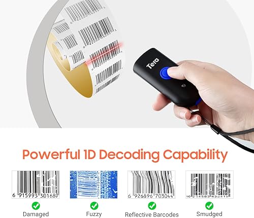 Miniatura 7 de Tera Escáner de código de barras inalámbrico 1D láser mini escáner impermeable de bolsillo 3 en 1 compatible con Bluetooth USB con cable portátil