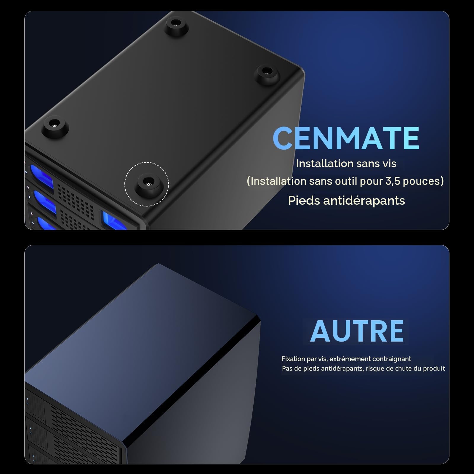 CENMATE Boîtier Disque Dur 4 Baies avec Ventilateur pour HDD/SSD SATA 2,5/3,5" avec Câble USB A/C 3.0 + eSATA, Boîtier HDD Prend en Charge Une Capacité de 80To (Pas DE Raid/NAS)