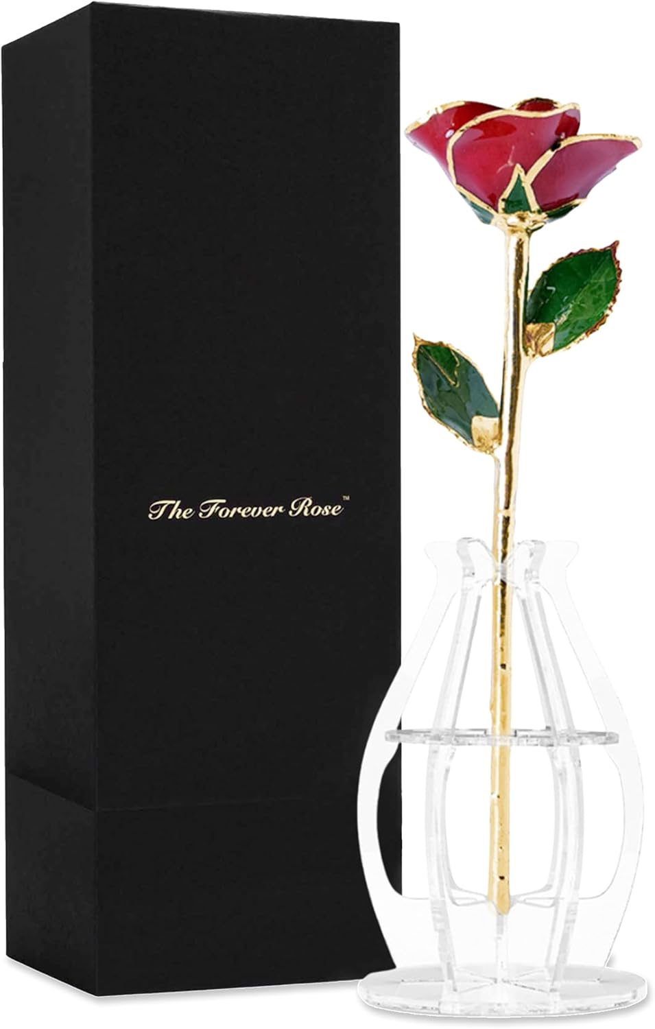 Forever Rose Gold Trimmed Red Open Bloom Real Rose Dipped in 24K Gold, Ready to Gift, Presented in Phantom Vase and Bloom Box, Unique & Everlasting Gift for Any Occasion