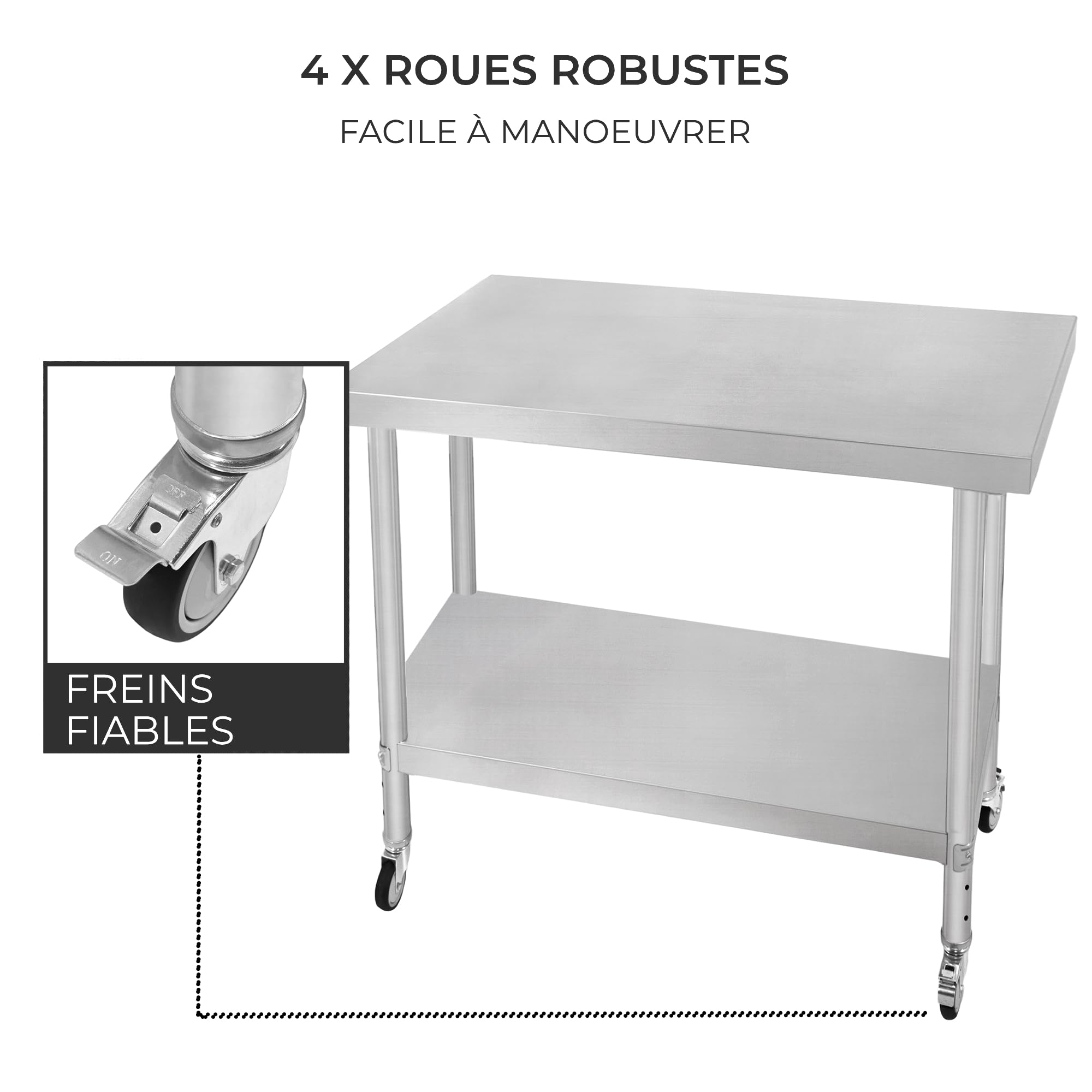 Table de Travail Préparation Professionelle Cuisine en Inox - 76cm x 90 cm x 86cm - Plan de préparation Culinaire Chariot de Cuisine - 4 Roues Amovibles - Restaurant, Bar, HORECA CDH