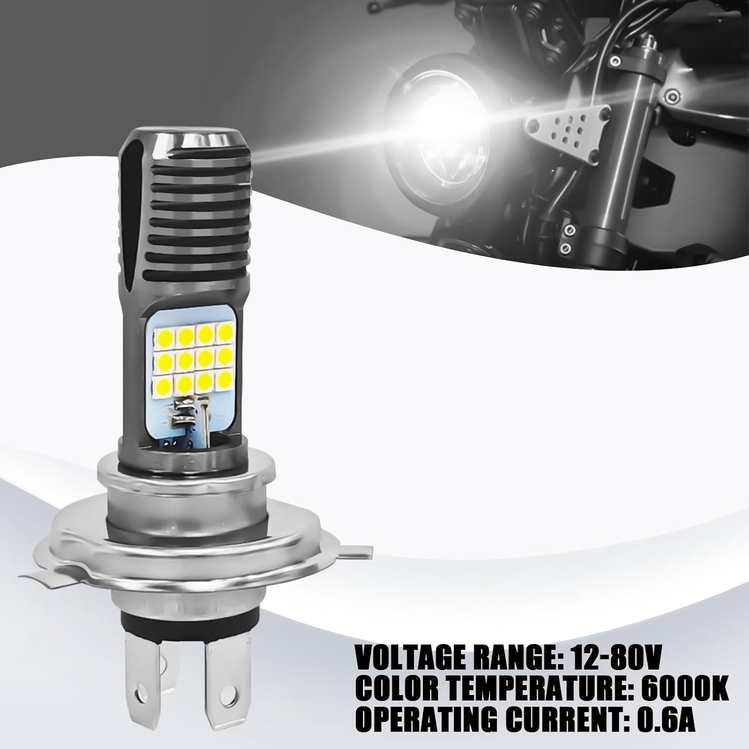 12-80V H4 LED Motorcycle Headlight Bulb, High Brightness 3030 LED Chips High & Low Beam Replacement Lamp, IP65 Waterproof Motorcycle Headlight Accessories for Motorcycles, Scooters & ATVs