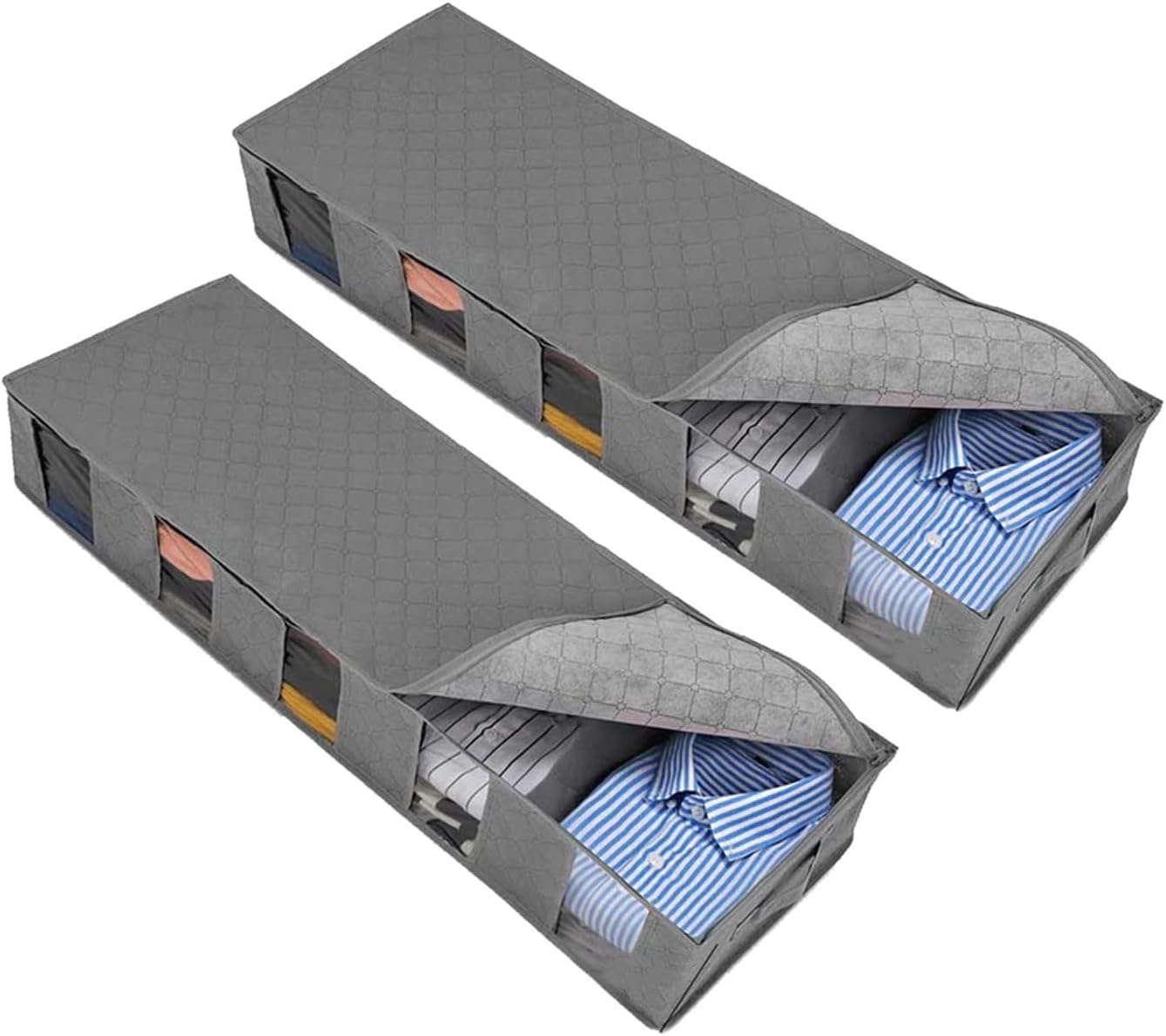 CAZOY Under-Bed Storage Bags, Large Capacity Foldable Closet Organizer Containers with Clear Window, Clothes Storage Bins for Clothing, Blanket, Bed Sheets, Pillows, 2 Pieces (Color : D-1)