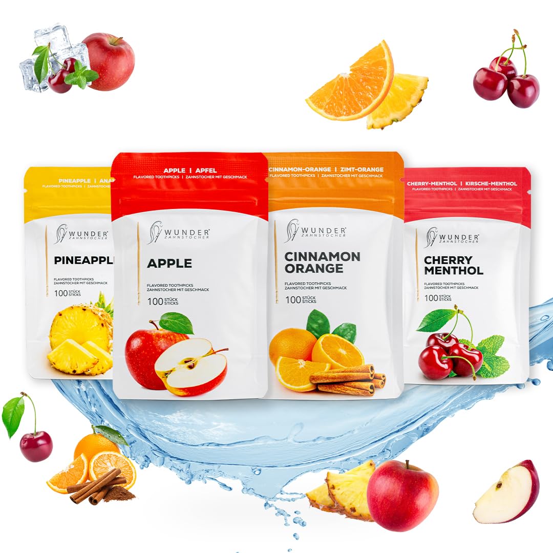 Wunder Stuzzicadenti Aromatizzati – Set di 4 Confezioni - 100 Stuzzicadenti per Confezione - 4 Gusti Diversi - Ideale per Rinfrescare l'Alito e Uso Quotidiano