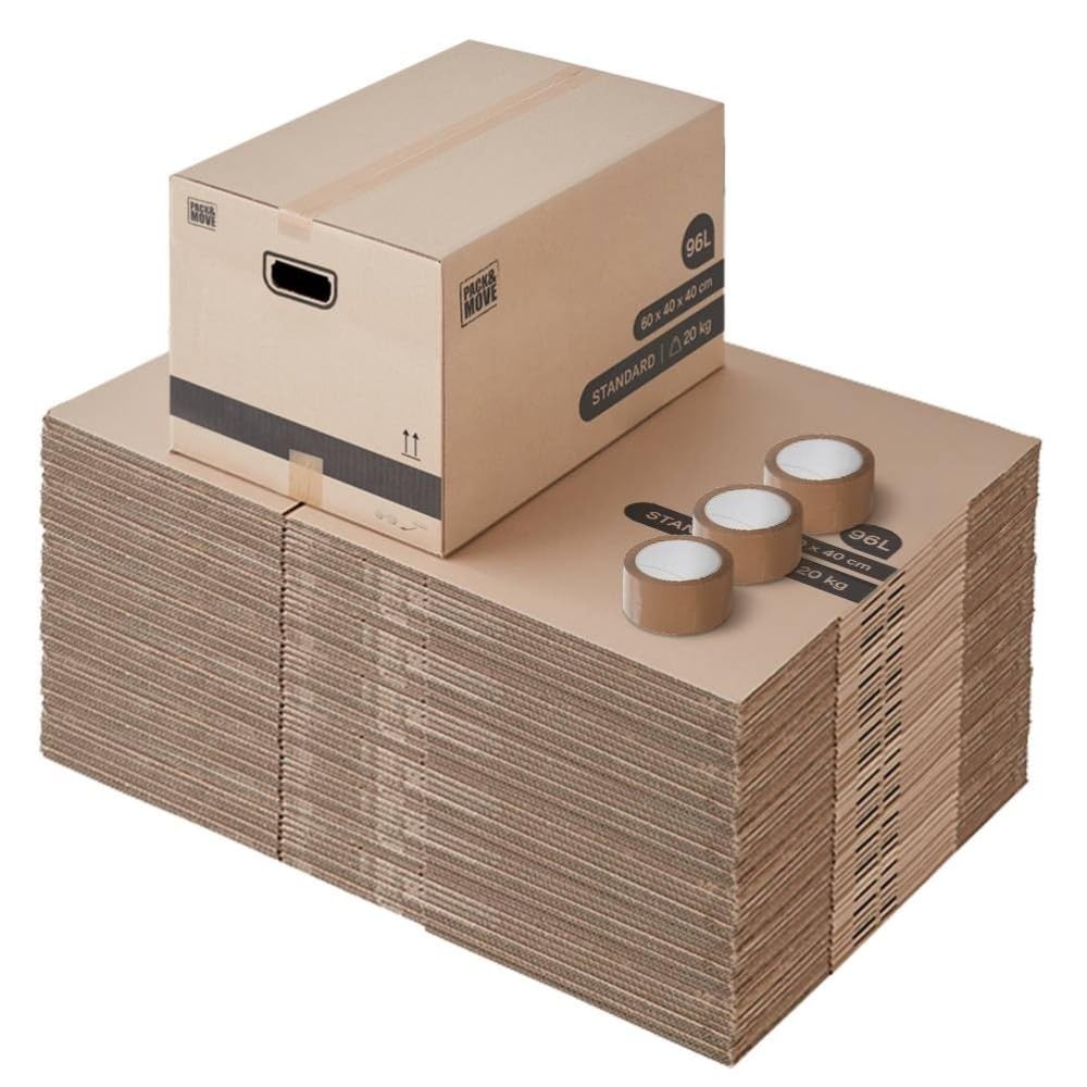 Pack and Move - Lot 60 cartons déménagement L larges - 40 x 60 x 40 cm - Poignées renforcées - 3 adhésifs offerts