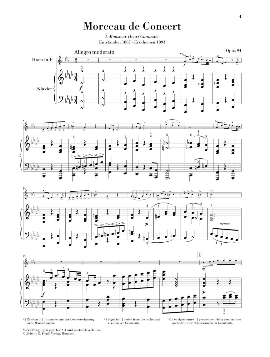 Morceau de Concert f-moll op. 94; Horn und Klavier: Besetzung: Horn und Klavier (G. Henle Urtext-Ausgabe)