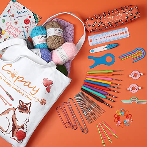 Coopay Crochet Kit Beginners Crochet Starter Kit With 15 Colors Yarn, 71Pcs Crochet Beginners Set Amigurumi Crochet Kit For Kids/Adults, Cat Canvas Tote Bag Full Crochet Accessories & Instructions #TOP2