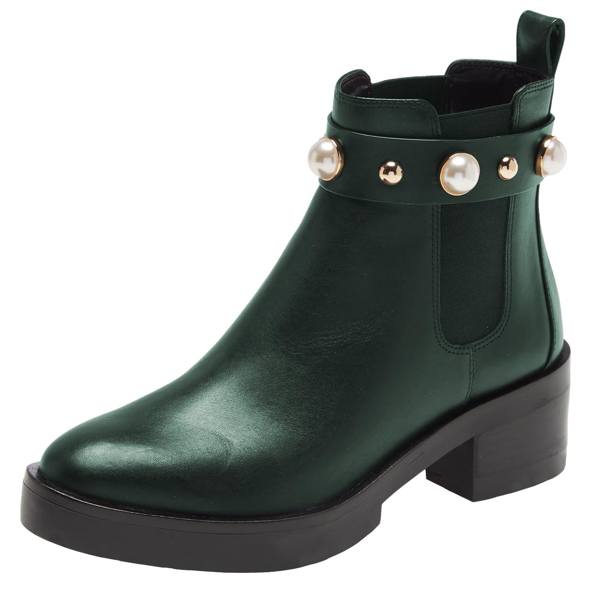 FSJ Women Round Toe Chelsea Boots with Pearls Strap Block Low Heel Slip On Vegan Leather Ankle Booties