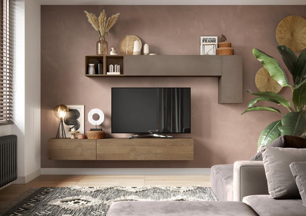 ARREDO DA CASA Parete Attrezzata Moderna Sospesa 276x180 cm Dotata di Pensili e Cubi Mobile Porta TV per Soggiorno Bronzo e Noce PAL48