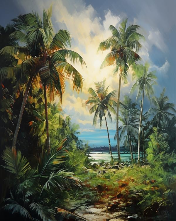 Tropical Plants Stamped Cross Stitch Kits,Palm Trees Embroidery Patterns,Crossstitching Kits Preprinted 11 Count Cross-Stitch Kit for Adults,Easy Pattern Needlepoint Crafts for Decor,40x50 cm