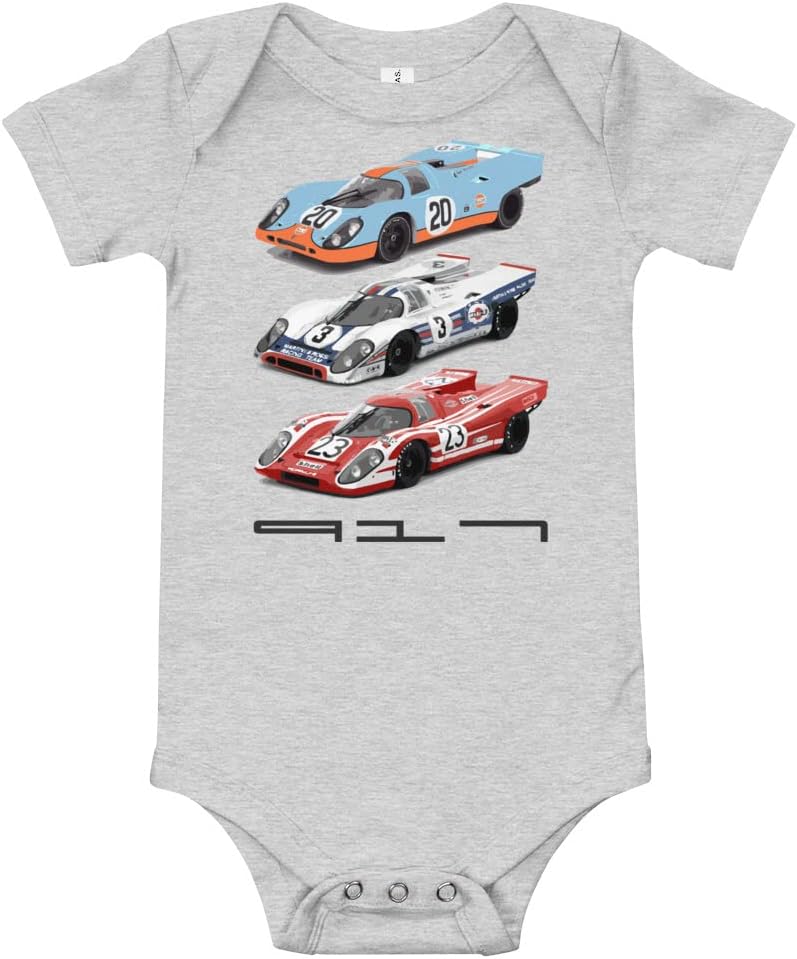 Vintage European Endurance Race Cars Baby Short Sleeve Onesie One Piece Heather Columbia Blue Car Enthusiast