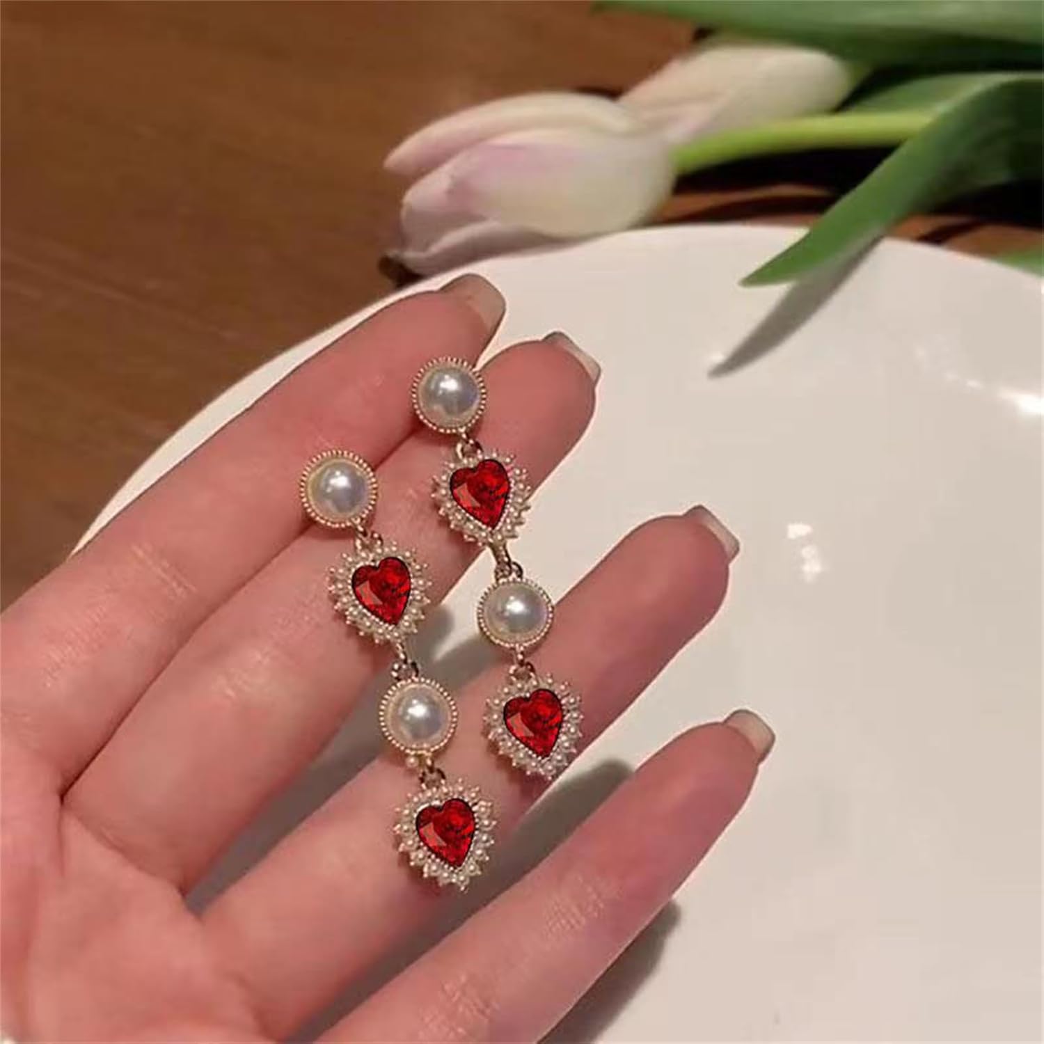 WCRAZYE Pearl Heart Earrings for Women Girls Dainty Handmade Gold Pearl Red Diamond Love Heart Shape Dangling Drop Tassel Earrings Gift Valentine's Day Christmas - Image 3