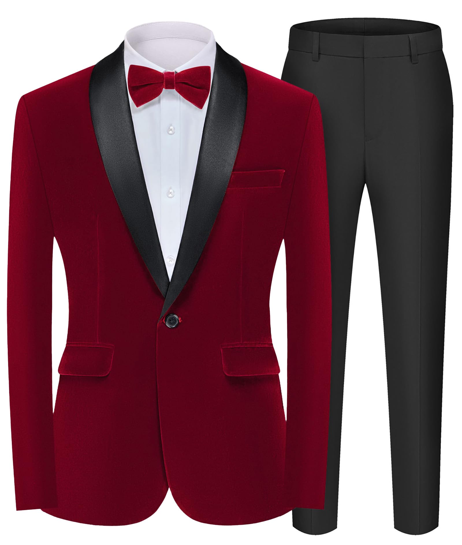 MAGE MALE Mens 2 Piece Velvet Suit Peak Lapel One Button Slim Fit Tuxedo Blazer Party Dinner Jacket