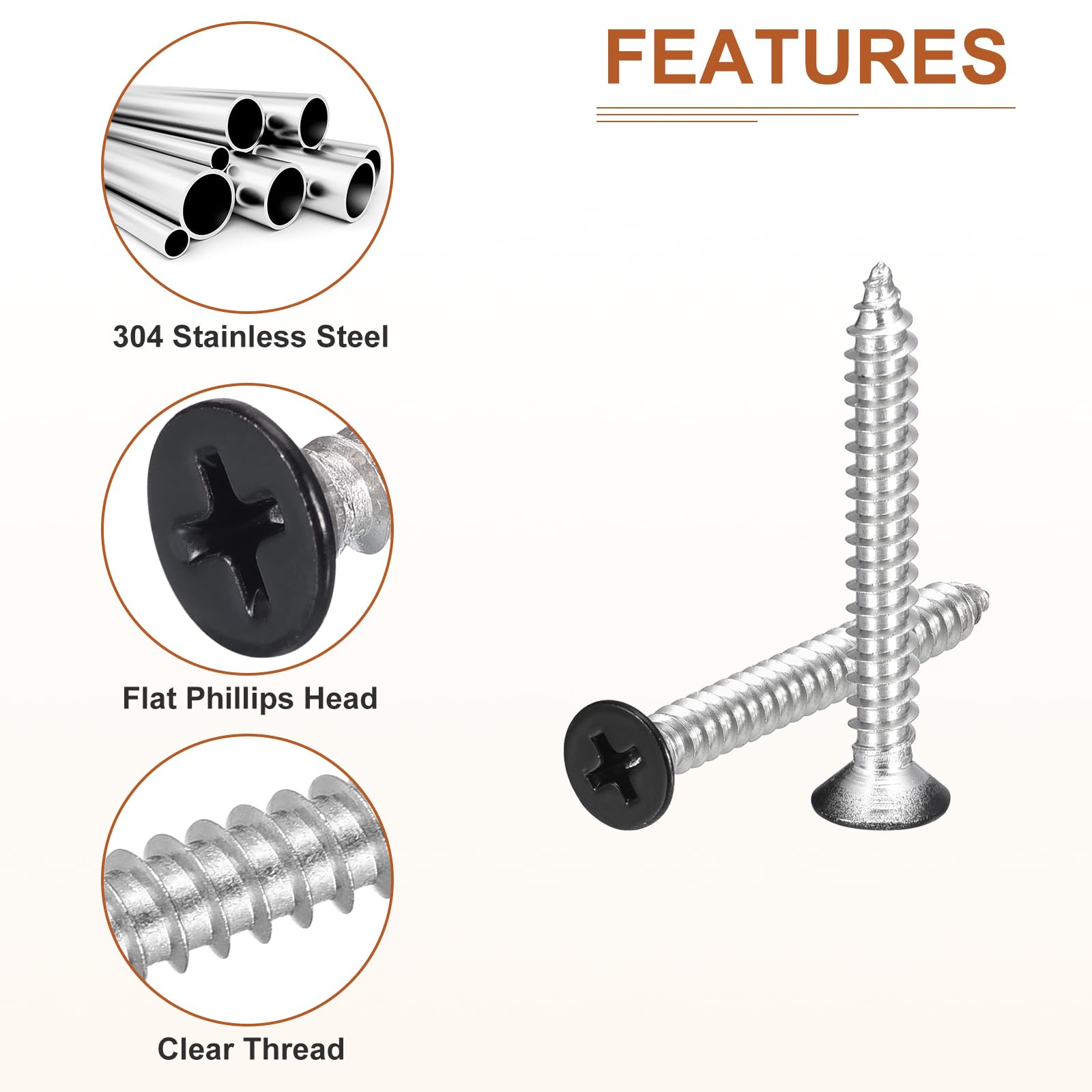 DTGN 100Pcs #10x1-1/2" Flat Head Wood Screws, 304 Stainless Steel Black Phillips Self Tapping Screws - Image 4