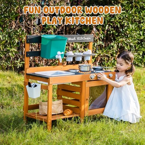 ROBUD Mud Kitchen for Kids Outdoor, Wooden Outdoor Play Kitchen, Kids Mud Kitchen with Removable Sink & Faucet, Monteeori Toys for Children Ages 3+ Years, WG426 - 3