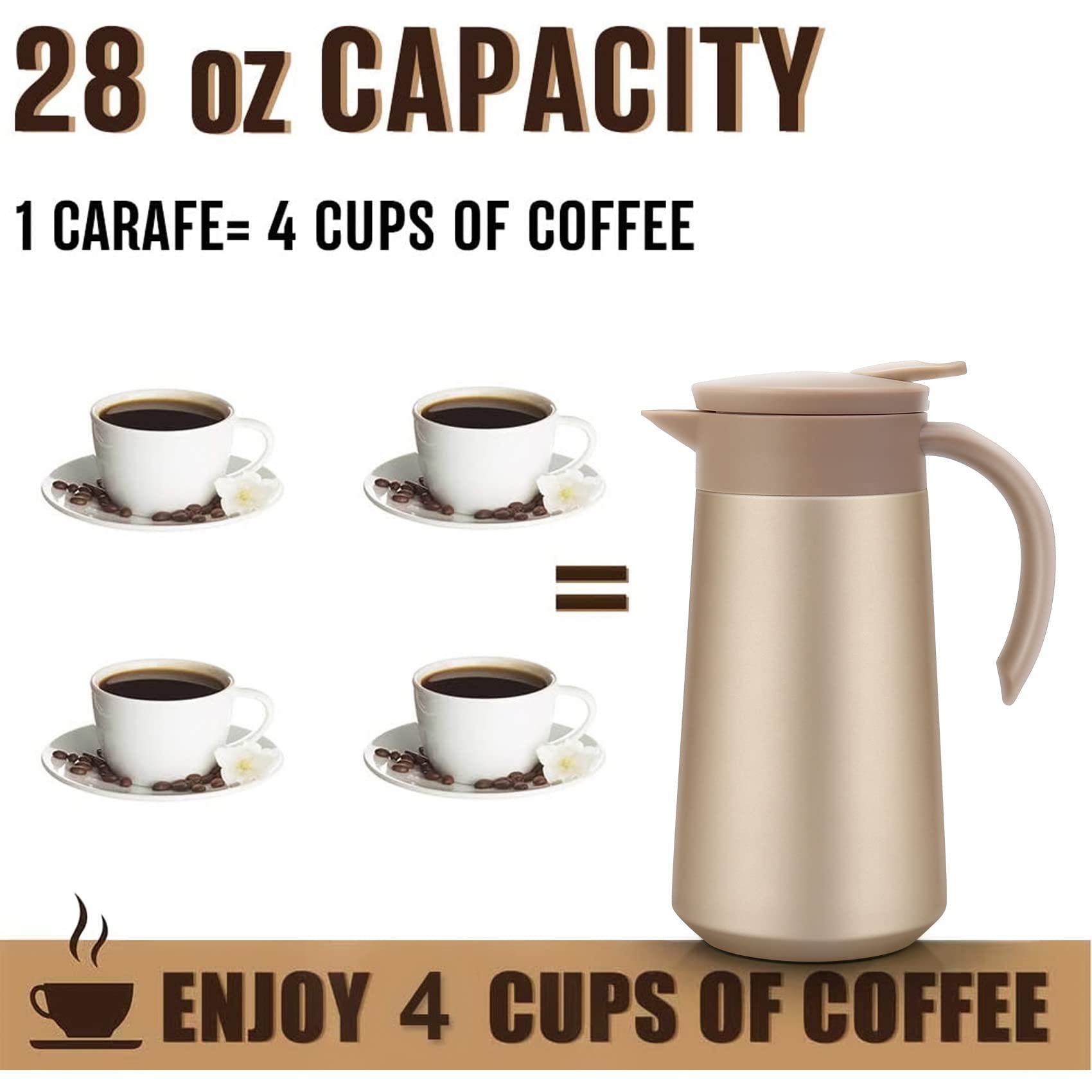 Jarra de café de 28 onzas, termo de café aislado de acero inoxidable, termo térmico al vacío para café, agua caliente, té, bebidas calientes..