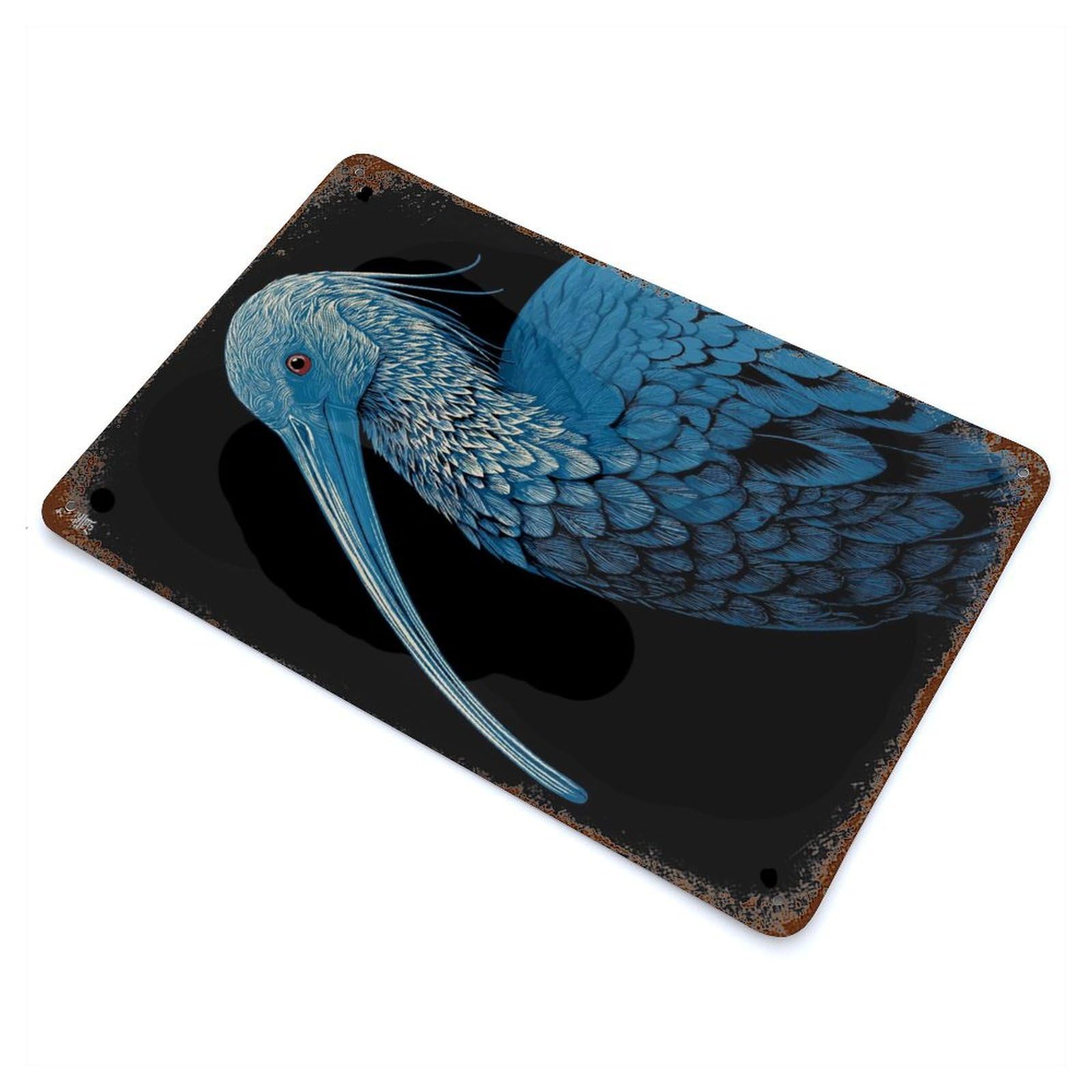 Rusty Metal Tin Sign with Blue Ibis Illustration on Black Background Design 11.8"x7.9", for Garage, Bar And Workshop Decor, Decorative Metal Wall Art