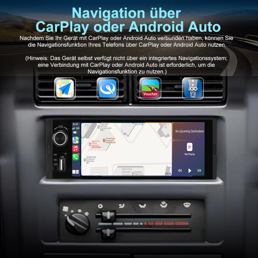Junsun 1-DIN Autoradio mit 6,36 Zoll IPS-Touchscreen CarPlay & Android Auto, Lenkradsteuerung, Rückfahrkamera-Anschluss, USB, externes Mikrofon & RDS