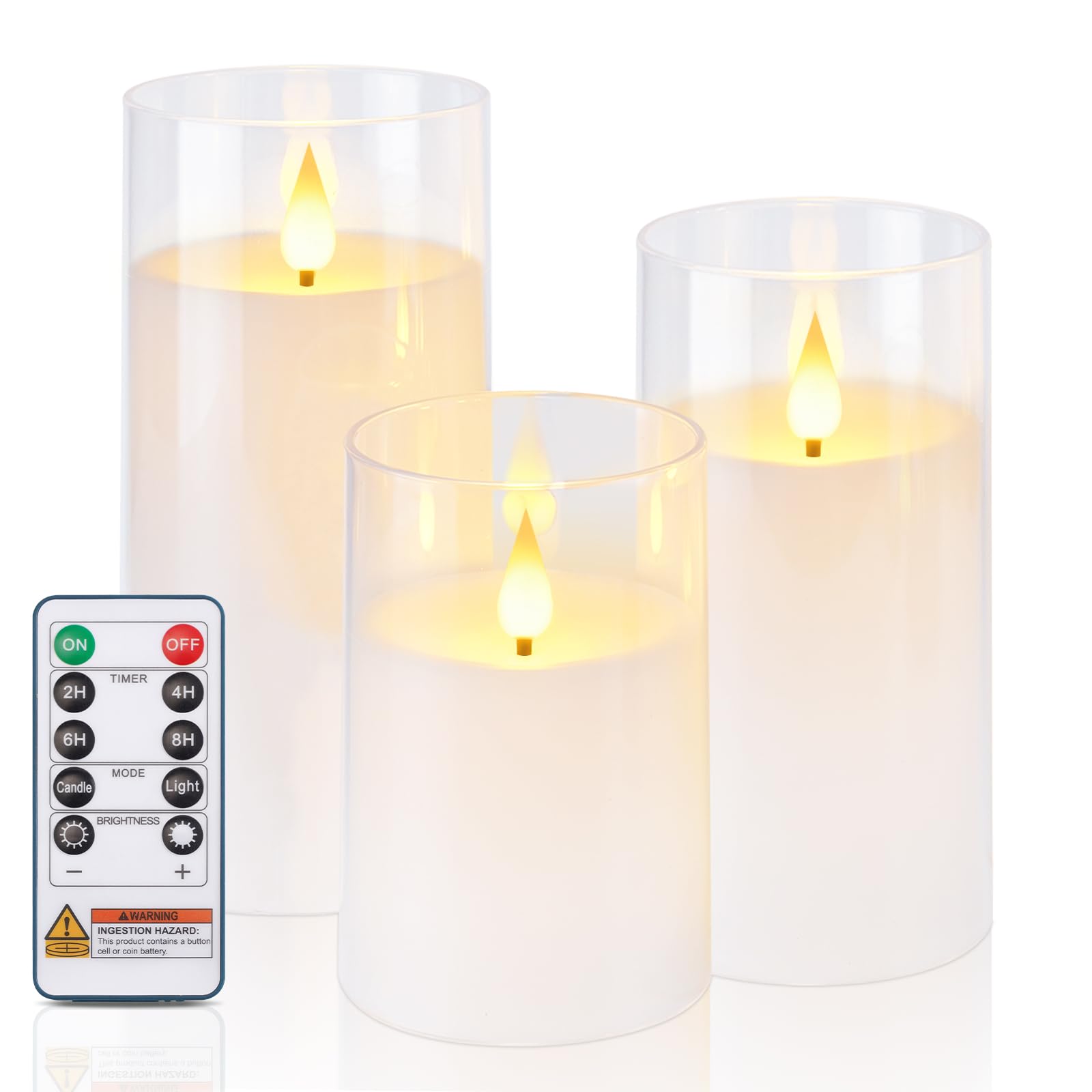 Homemory Pure White Flameless Candles, Battery Operated Acrylic LED Pillar Candles with Remote Timer, Realistic Flickering Fake Candles for Home Decor, Christmas, Wedding, Church, Set of 3