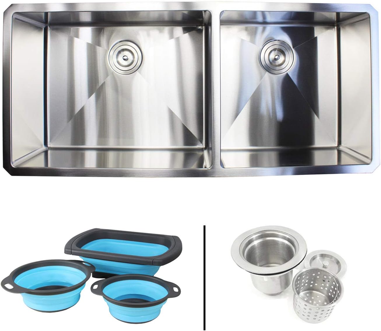 Undermount 16-Gauge Stainless Steel 42 in. x 19 in. x 10 in. 60/40 Offset Double Bowl Kitchen Sink with Collapsible Silicone Colanders