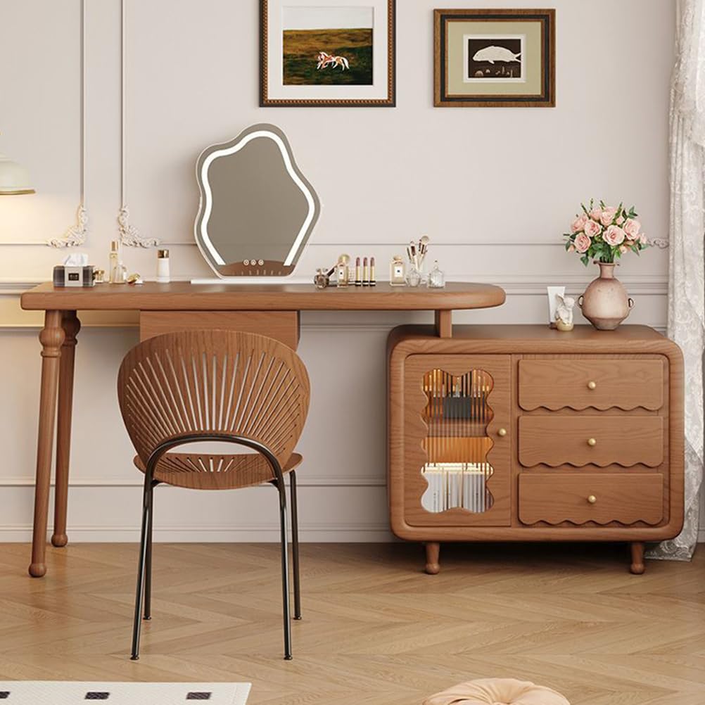 Tavolo da trucco asimmetrico con cassetti e armadietto, 3 modalità di illuminazione per camera da letto, design moderno, elegante tavolo da toeletta ideale per gli amanti del trucco