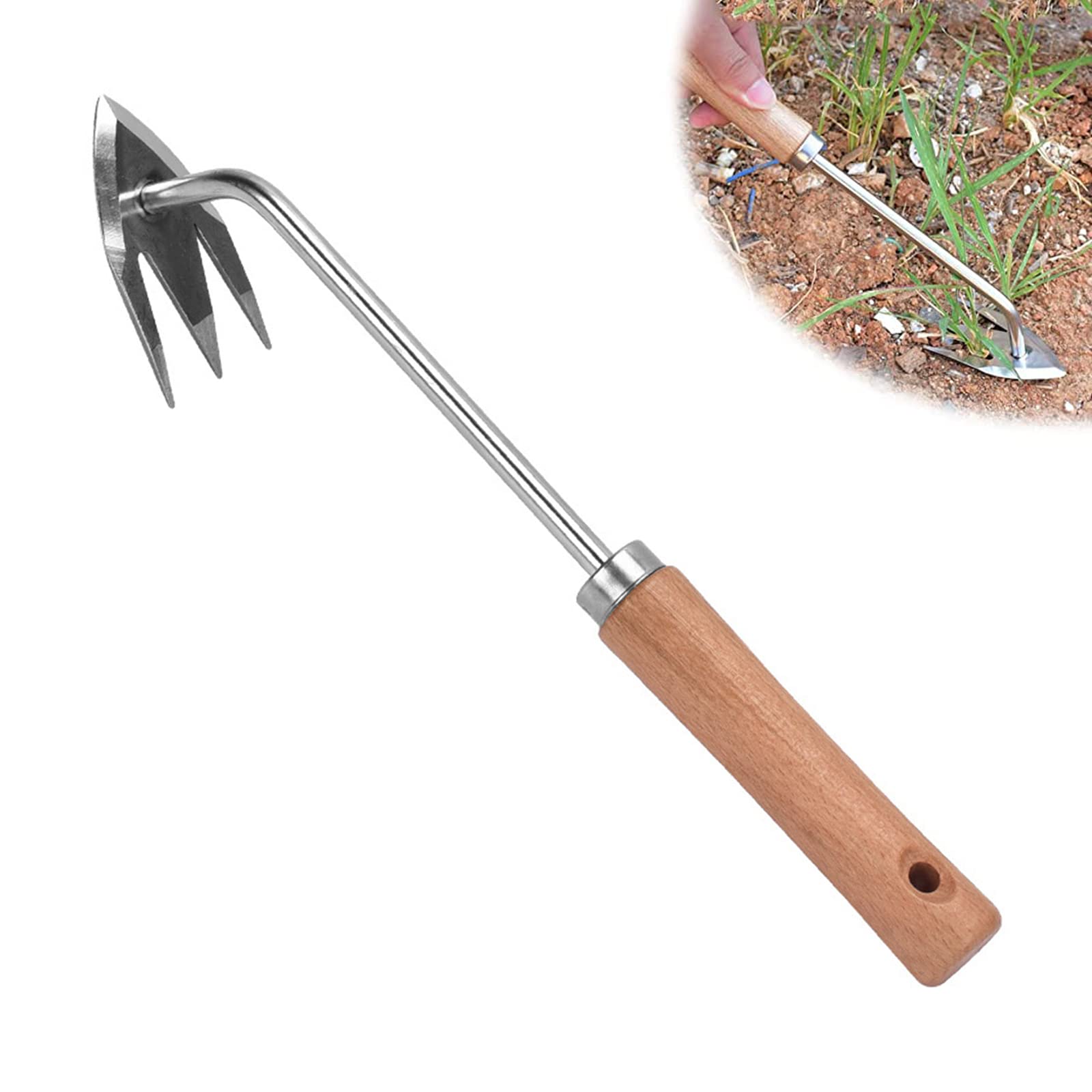 Amposei Stainless Steel Multifunctional Weeder, Hand Weeder Tool Stand Up Weed Puller Tool with Long Handle, V-Shaped Light Duty Hand Weeder for Lawn Garden Yard Farmland Weed Removal (Wood Handle)