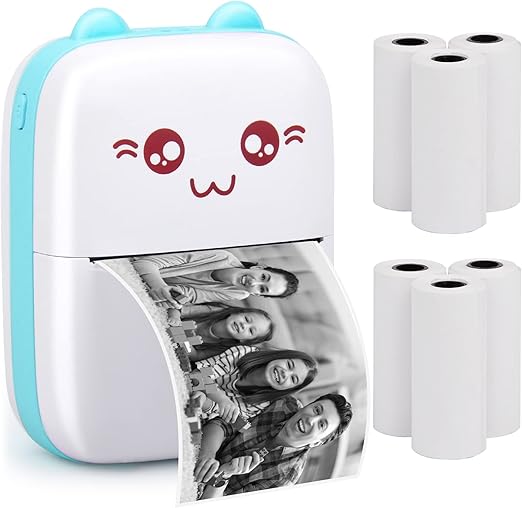 Portable Printer, Mini Pocket Wireless Bluetooth Thermal Printers with 6 Rolls Printing Paper for Android iOS Smartphone, BT Inkless Printing Gift for Label Receipt Photo Notes Study Home Office, Blue
