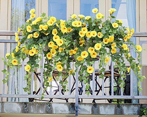 Lopkey Silk Morning Glory Artificial Flowers Wall Hanging Basket Decor,Yellow #TOP2