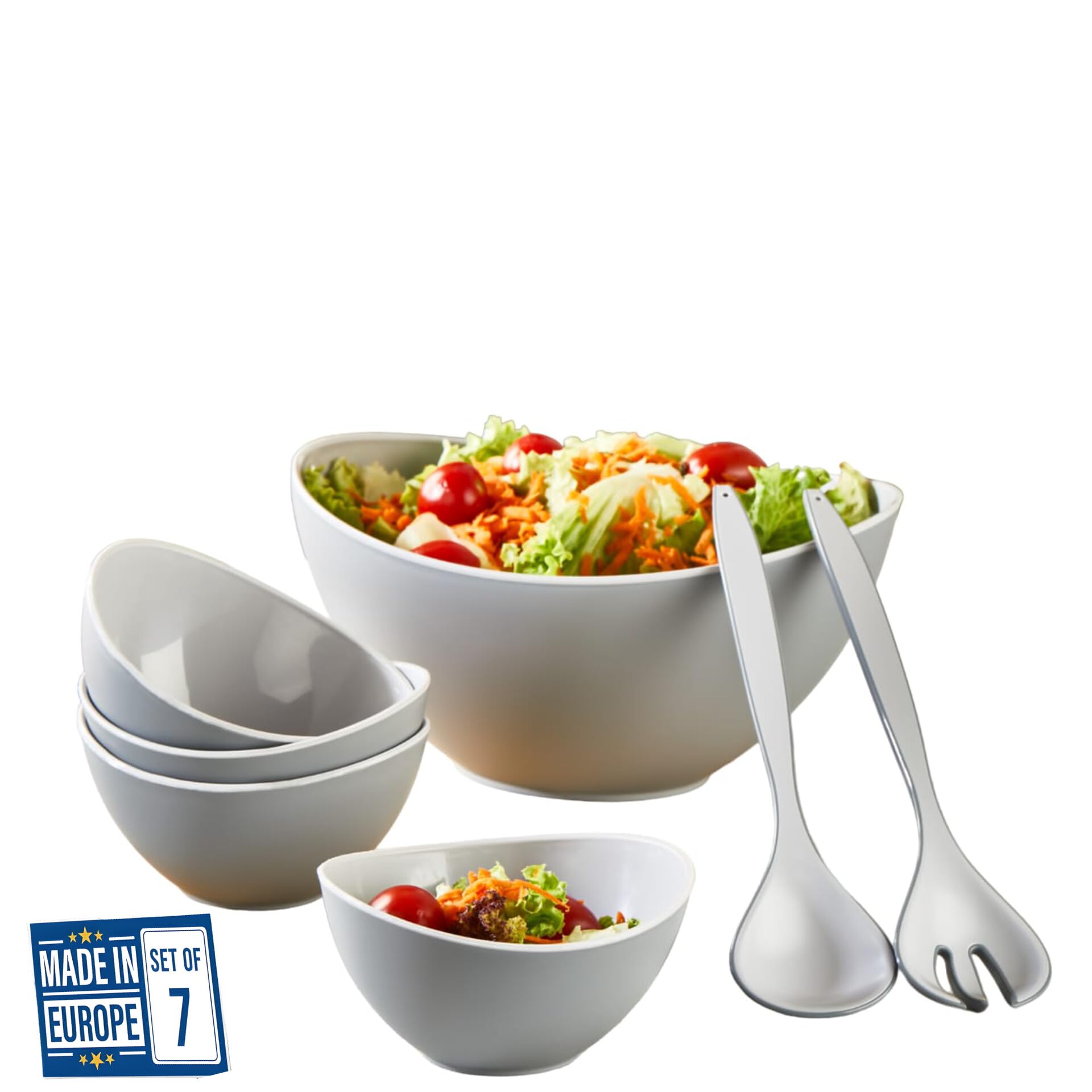 Salad Bowls-10'' Inches Large Plastic Salad and Serving Bowls Set- 100 oz Big Salad Bowl, 4 Serving Bowls with Serving Spoon and Fork-Ideal for Fruits, Salad,Cereal,Oatmeal,Soup-set of 7