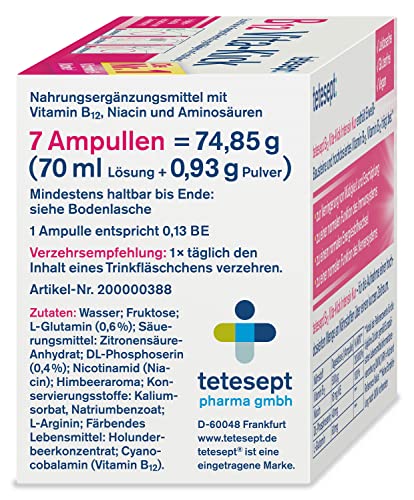 tetesept B12 Vita-Kick Trinkampullen Intensiv-Kur – Nahrungsergänzungsmittel für den Energiestoffwechsel, gegen Erschöpfung - hochdosierte Vitamin B12 Ampullen – Wochenpackung à 7 Trinkfläschchen