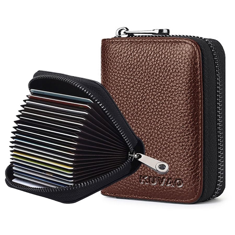 KUVAO RFID Blocking, Leather Credit Card Holder Zipper Wallet With 20 Card Slots, Small Card Case for Women or Men Accordion Wallet with Zipper (
