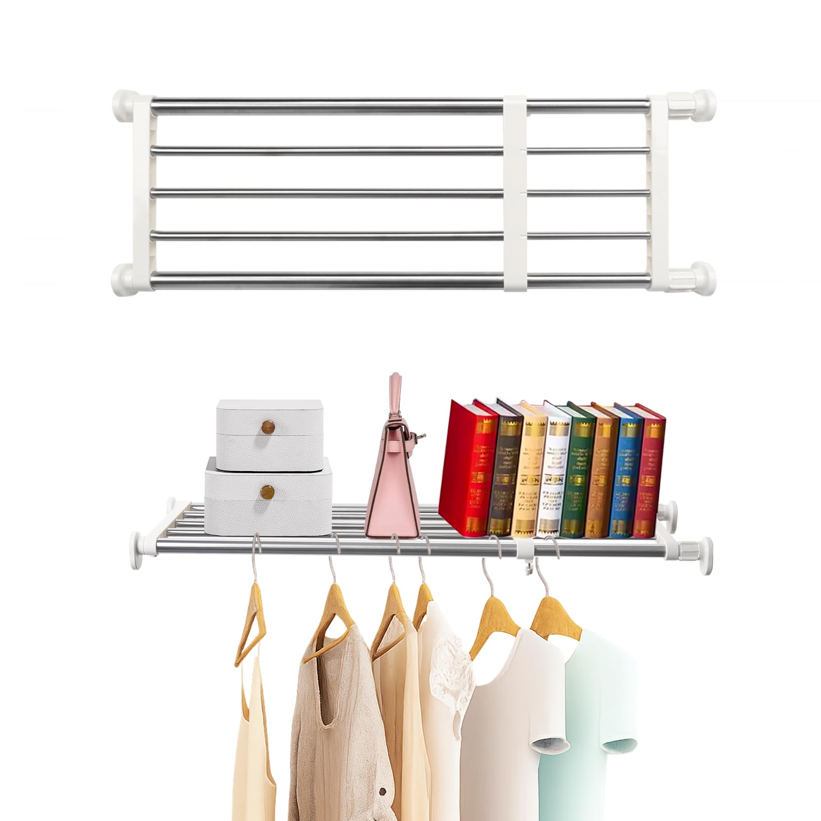 BAOYOUNI Closet Tension Shelf Rod Heavy Duty Wardrobe Organizer Adjustable Storage Shelves Rack DIY Closet Dividers Separators for Kitchen Bathroom Bedroom Garage, 19.69-31.5 Inches