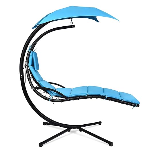Giantex Hanging Chaise Lounger Chair, Arc Stand Porch Swing Chair, Outdoor Swing with Canopy, Cushion Built-in Pillow, Outdoor Hanging Curved Chaise for Patio Poolside Backyard Garden (Blue)