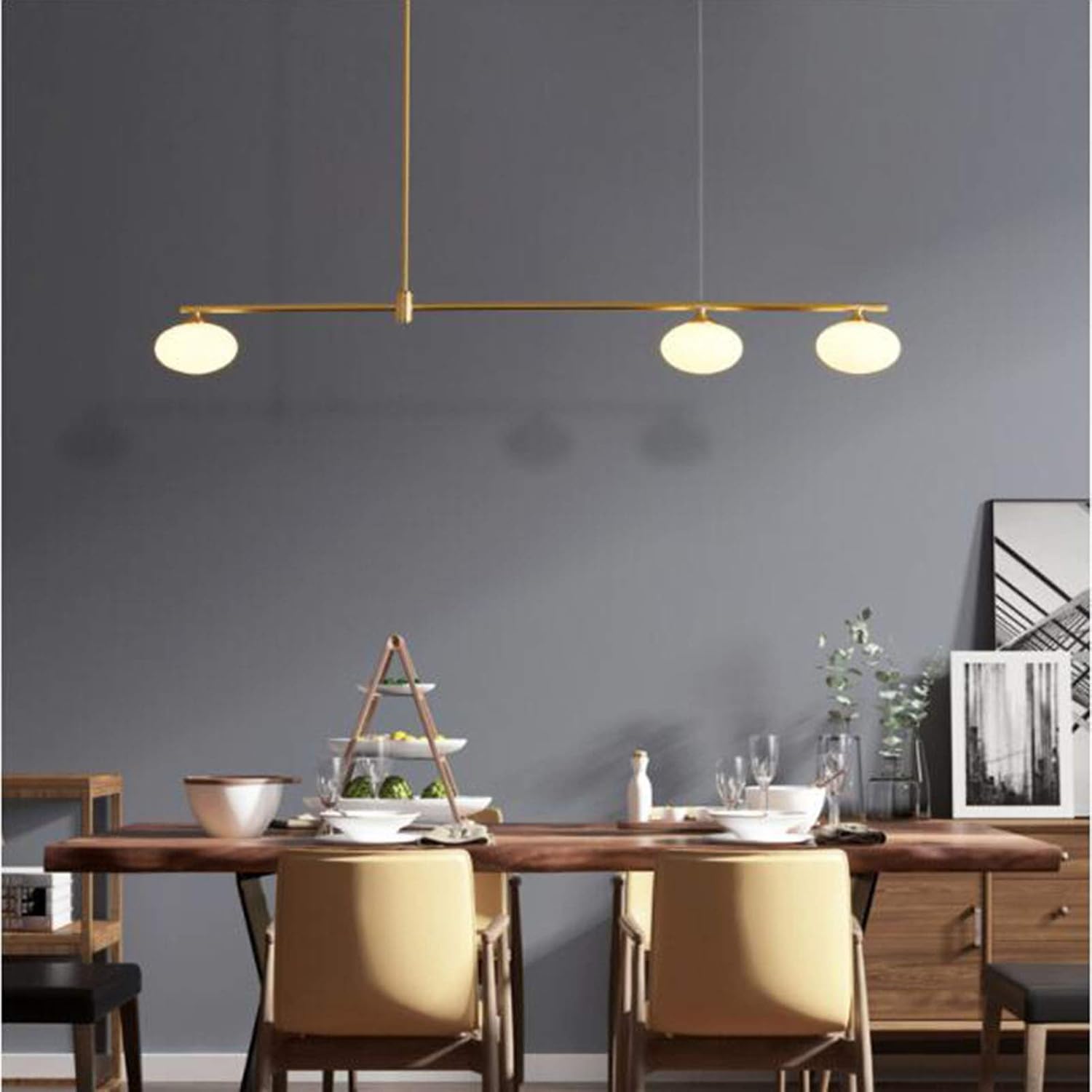 Ceiling Pendant Light,Minimalist Long Strip Designer Art Chandelier,Nordic Light Luxury Full Copper Chandelier,Restaurant Bar Front Desk Dining Table Restaurant Lighting-Copper Three Ends
