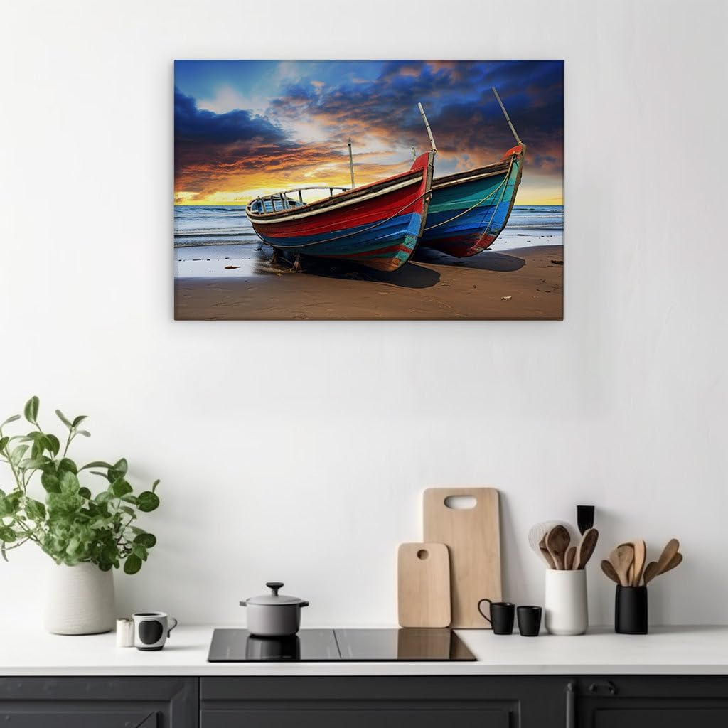 Canvas for Living room. Serene Shoreline Dreams: Boats, Beaches, and Breathtaking Dusks, 27 x 18 inch Canvas Wall Art - Contemporary Masterpieces - Inspirational Office Decor