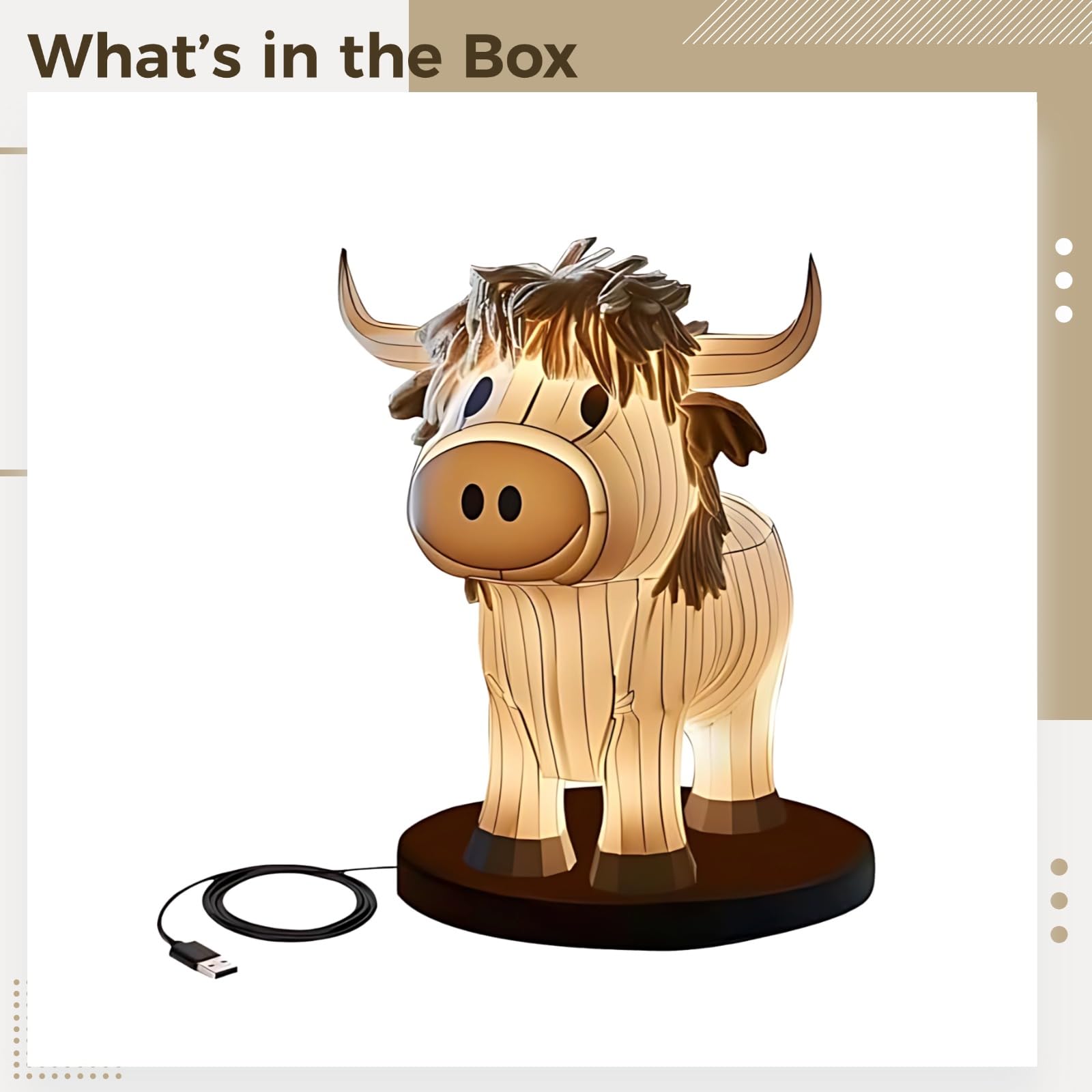 Highland Yak Lampada da tavolo, 6.5 in / 16,5 cm, luce notturna a forma di animale, lampada creativa in resina a forma di mucca, lampada da comodino con luce calda, ricarica USB, accessorio da