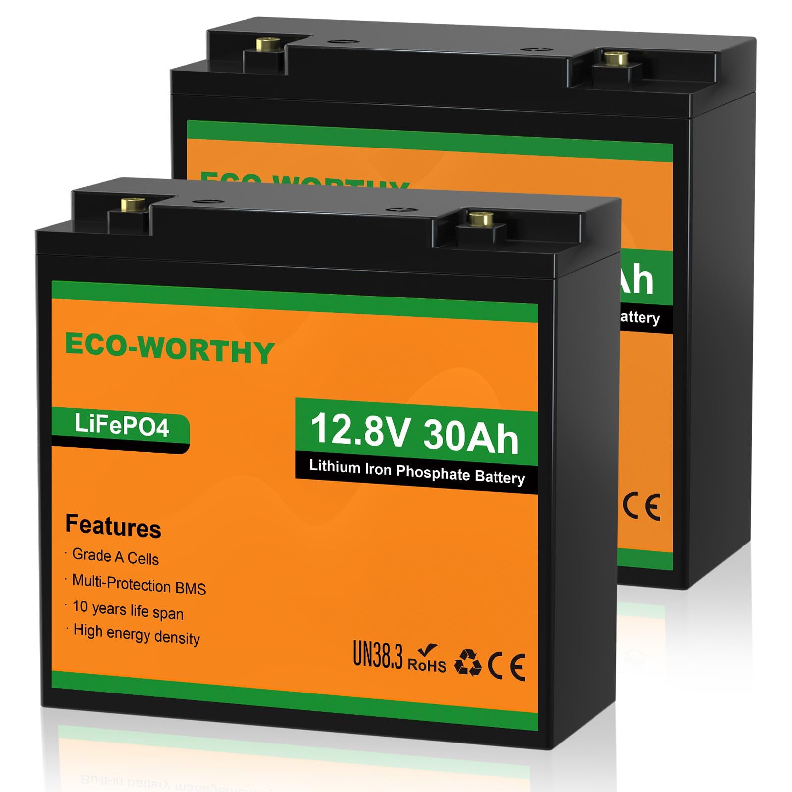 ECO-WORTHY 2 Pack 12V 30Ah LiFePO4 Lithium Battery for Mobility Scooter, Power Wheels, Wheel Chair, 3000+ Deep Cycle Rechargeable Battery
