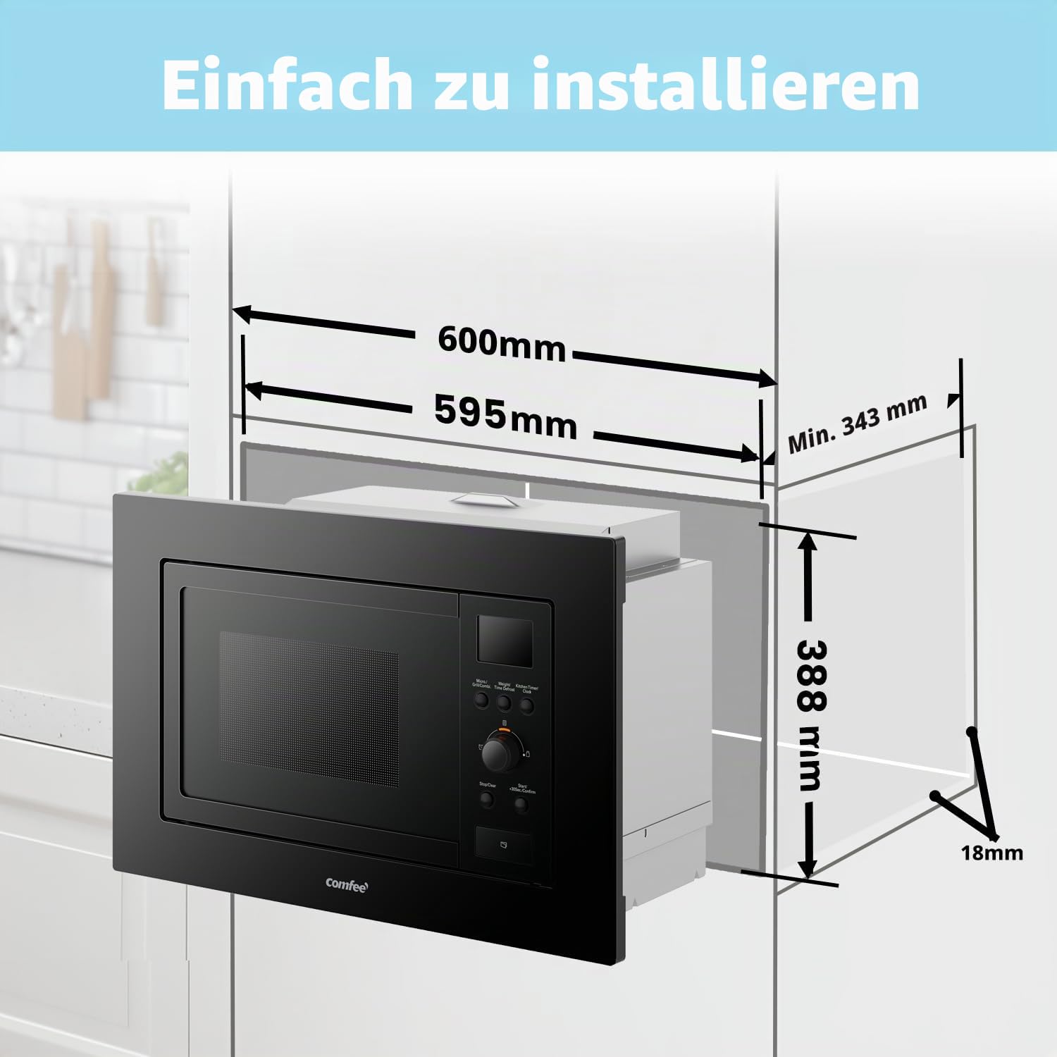 COMFEE' Digitaler Einbau-Mikrowelle, 20 Liter, 800 W, Grill, 5 Leistungsstufen, 8 automatische Menüs, Schnellentfrost-Funktion, Schwarz - CBMAG820BJL-BK