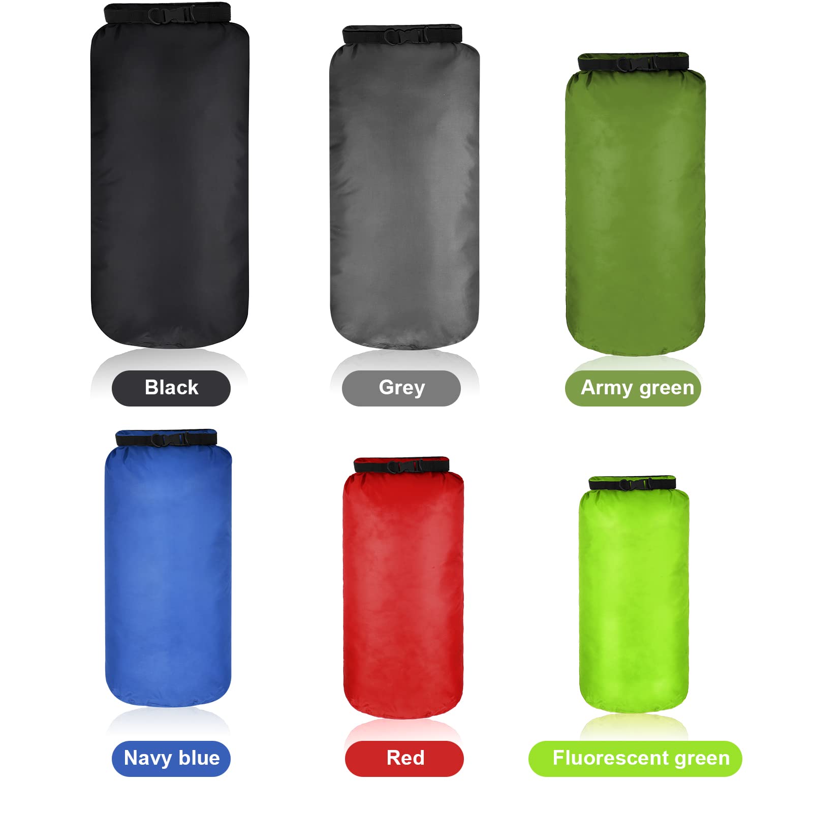 Set di 6 sacchi impermeabili leggeri e ermetici, con 20 l, 15 l, 10 l, 8 l, 5 l, 3 l, e tracolla lunga regolabile, per kayak, canottaggio, escursionismo, campeggio