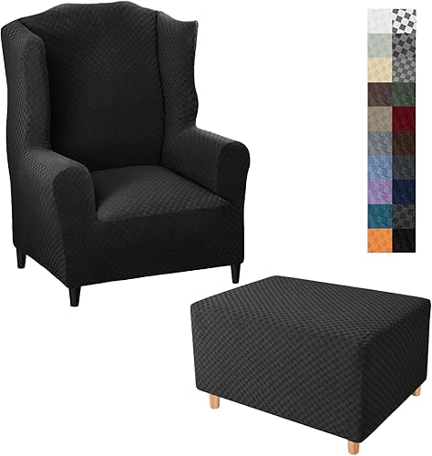 YEMYHOM 1 funda elástica para silla con respaldo de ala + funda otomana de tamaño pequeño (negro)