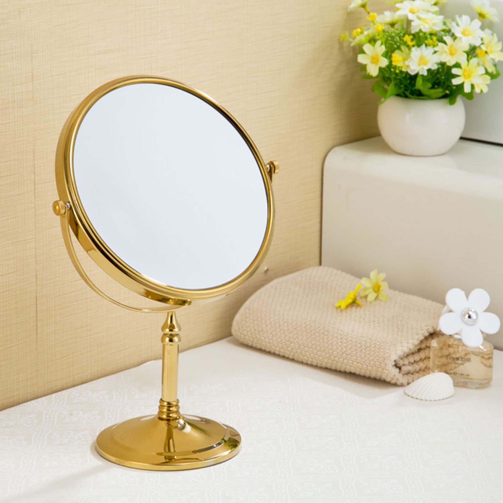 Großer doppelseitiger 1X/3X Schminkspiegel, 360 Grad schwenkbarer 3X Vergrößerungsspiegel, Kosmetikspiegel mit Standfuß und abnehmbarem Fuß, Chrom-Finish,Gold-8"
