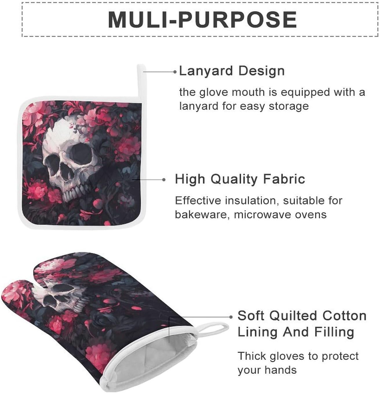 Skull Blooming Flowers Peony Oven Mitts and Pot Holders 4Pcs Set Heat Resistant Cooking Mitts Hot Pads