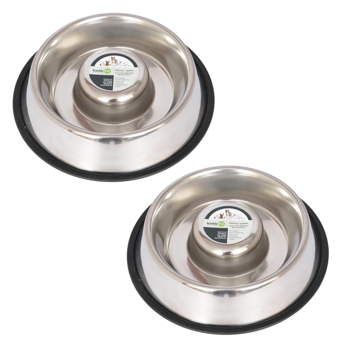 Iconic Mascota Alimentación Lenta Pet Bowl de Acero Inoxidable para Perro o Gato (2 Unidades)