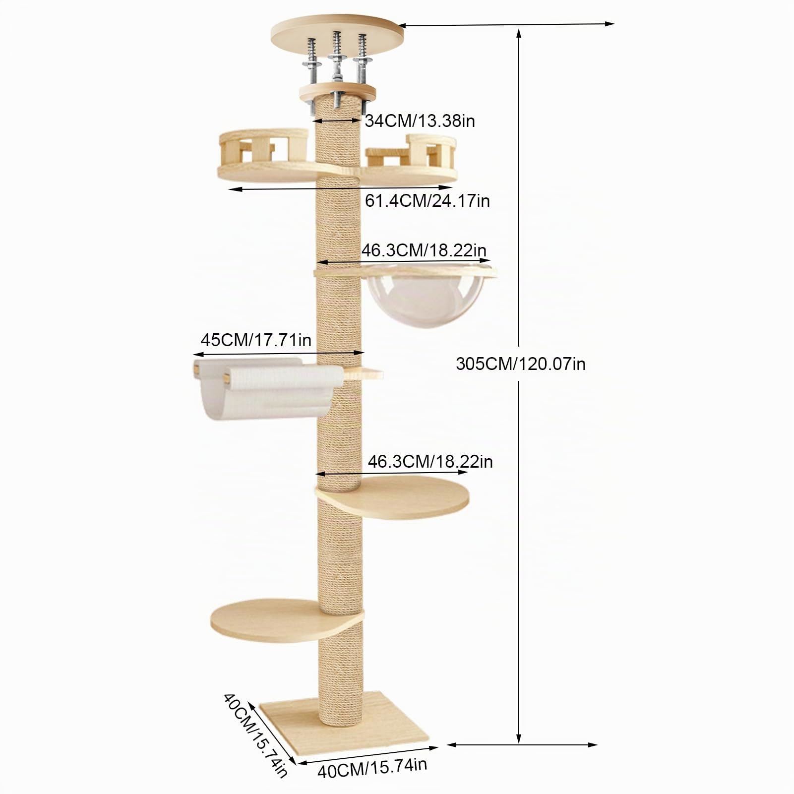 Torre Tiragraffi per Gatti, Altezza Regolabile 300 cm, Albero Stabile per Interni, Torre da Gioco per Gatti di Grandi Dimensioni, Rilassante Beige