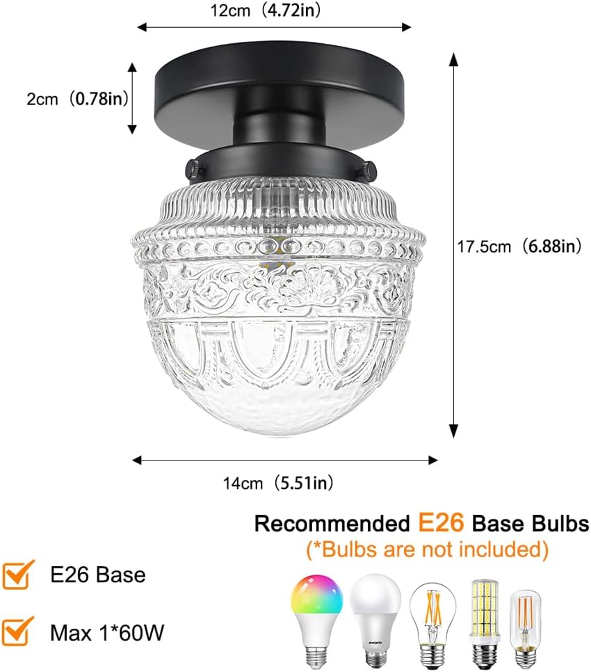 Black Semi Flush Mount Ceiling Light, Vintage Small Ceiling Light Fixture, Thickened Glass Hallway Light Fixture, Close to Ceiling Light Fixture for Bathroom, Entryway, Foyer, Closet