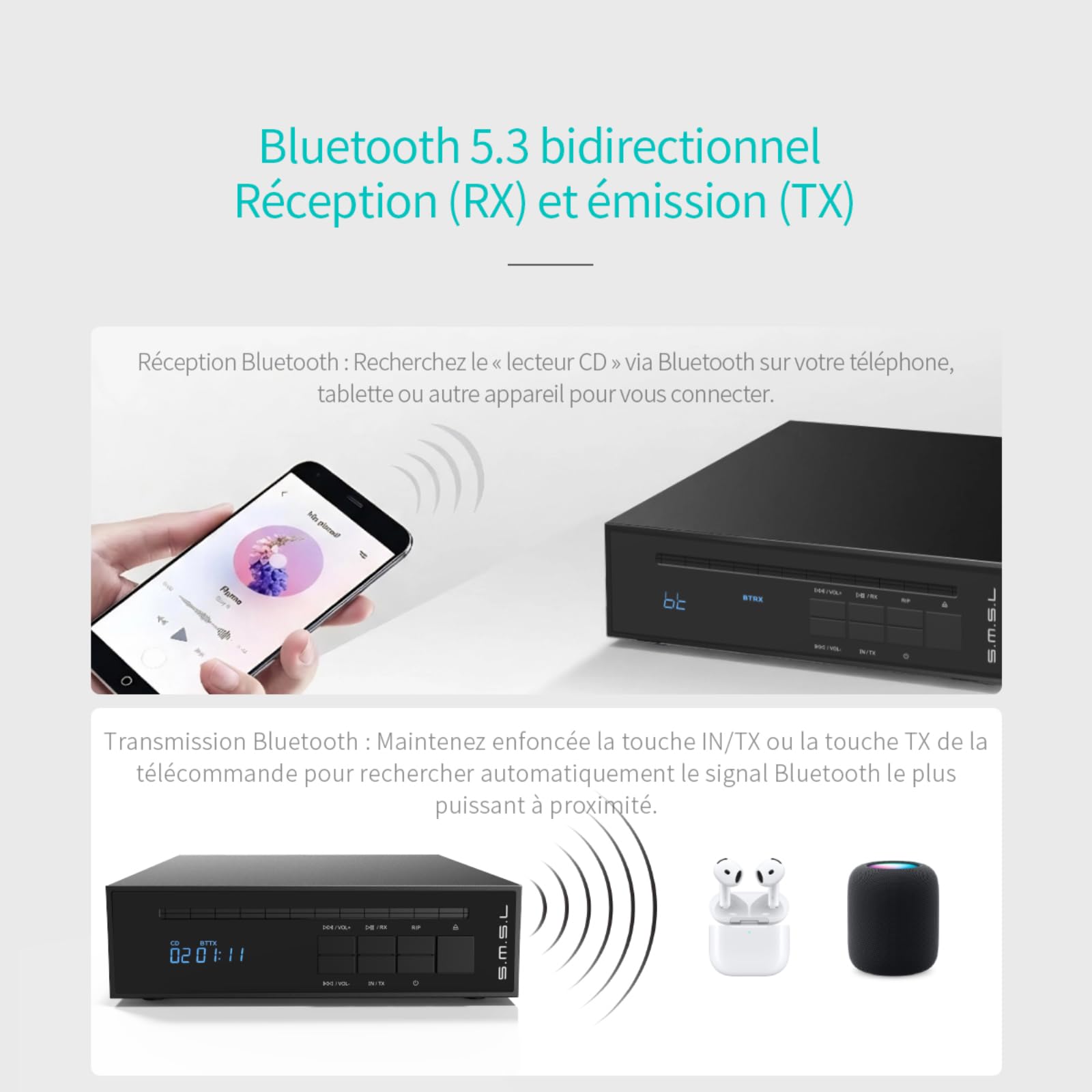 SMSL PL20 Lecteur CD HiFi pour la Maison, Lecteur CD Bluetooth, 2 puces CS43131, clé USB/entrée Bluetooth RCA/BT/3,5 mm/4,4 mm équilibrée/Optique/coaxiale, Argent