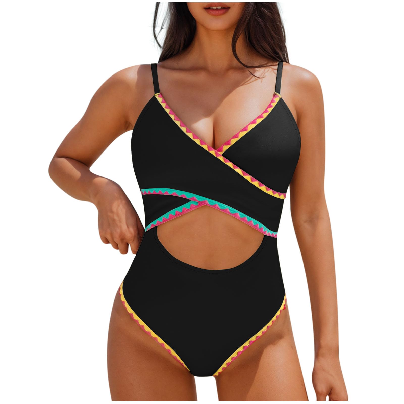 Womens Front Cross Cutout One Piece Swimsuit High Cut Backless Bathing Suits Wrap V Neck Knot Back Monokini