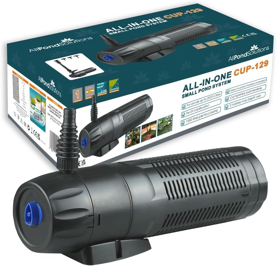 AllPondSolutions CUP-129-1000L/H All in One Pond Pump Filter with Fountain and 9w UV Steriliser Algae Control for Ponds up to 1000L