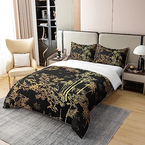 Loussiesd Luxury Black Gold Cotton Duvet Cover Set King Size Bamboo Bedding Set for Man Woman Senior Bedroom,Eastern Botanical Comforter Cover Set Set Oriental Gift Quilt Cover Fashion Decor 3 Pcs - Image 2
