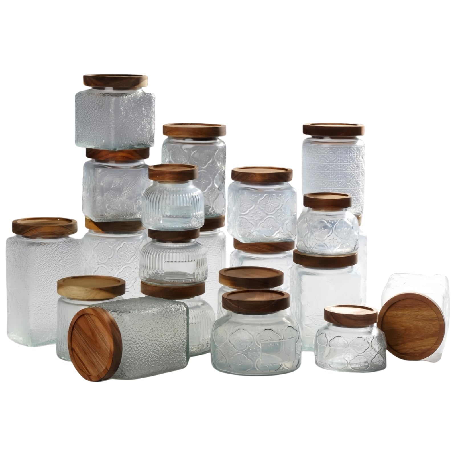 1/3Stück Vorratsgläser, 260ml-2200ml Luftdichte Glasbehälter, Vorratsdose Glas mit Holzdeckel Geprägtes Glas Küche Vorratsdosen (orbicular, je 1 von 3 Größen)
